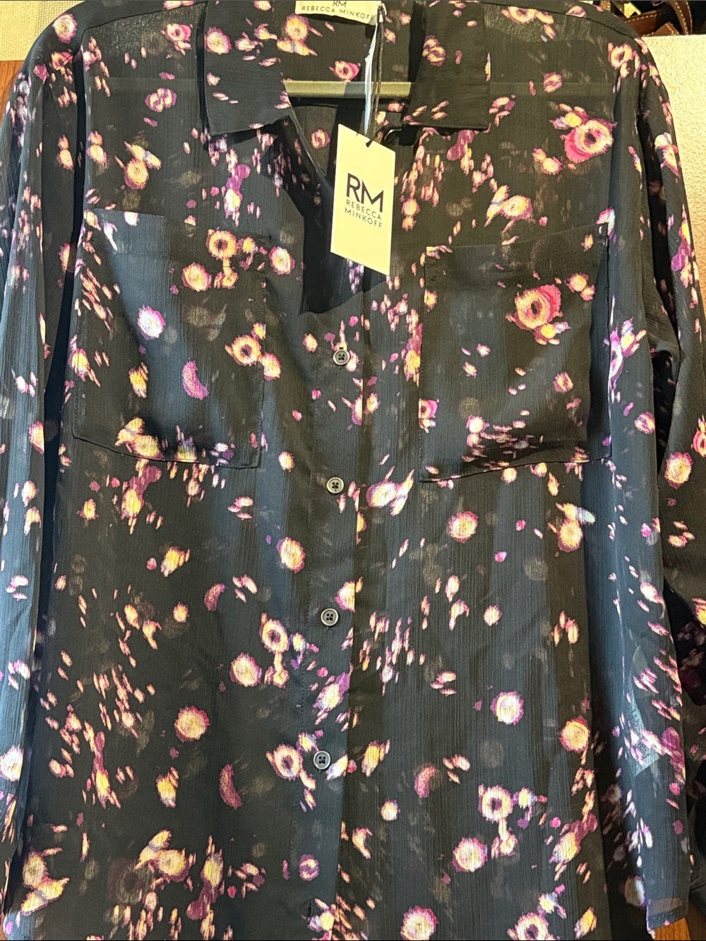 Rebecca Minkoff Black Floral Button-Down Shirt with Purple and Yellow Accents